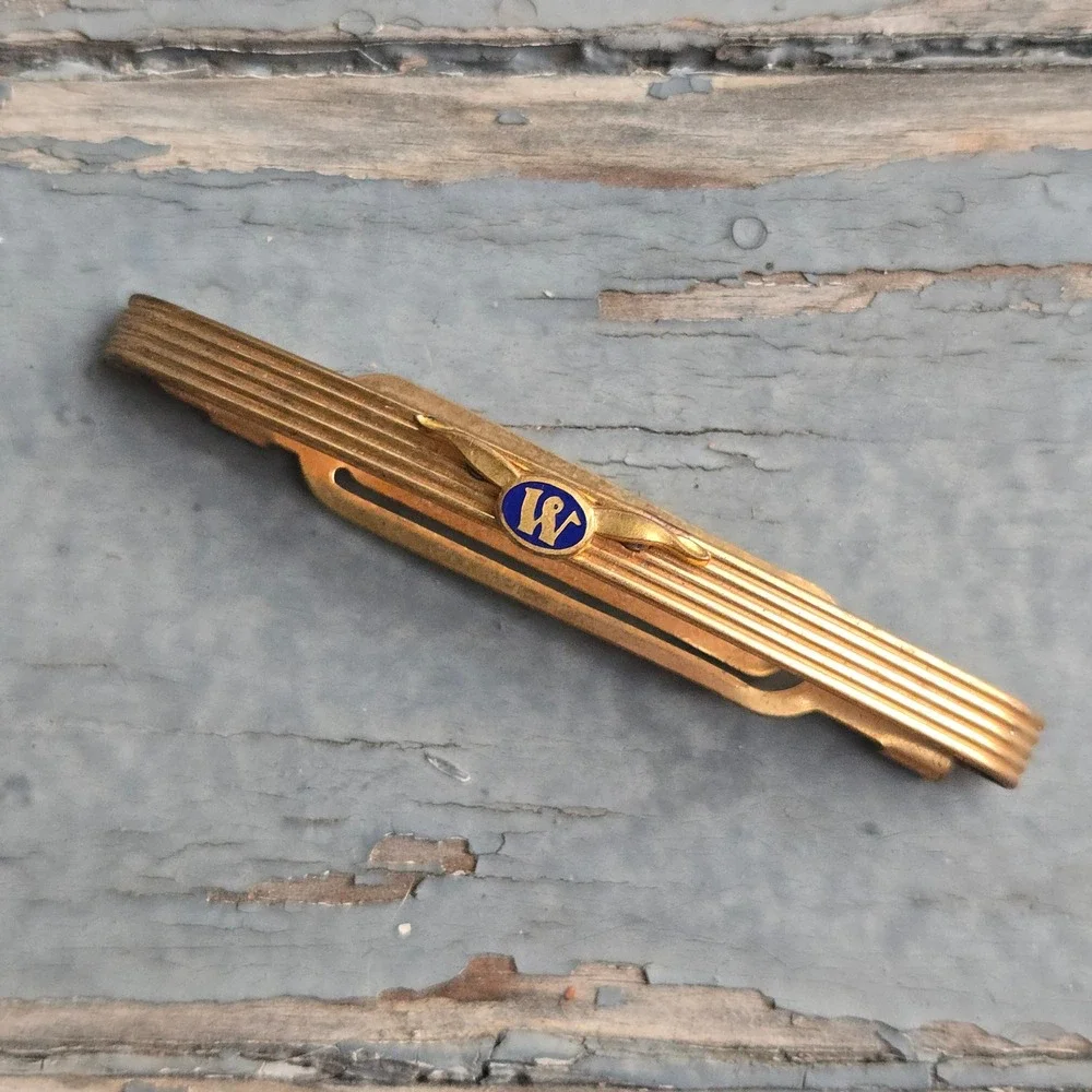 Vtg Ty King Tie‎ Clip Gold Blue Enamel W Logo Men 3